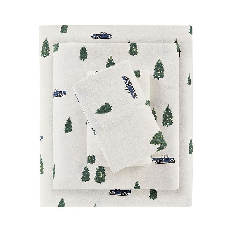Woolrich Queen Cotton Flannel Sheet Set Green Trees and Trucks