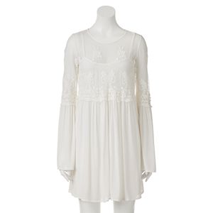 Juniors' Trixxi Embroidered Mesh Bell Sleeve Dress