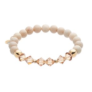 TFS Jewelry 14k Gold Over Silver Cream Jade Bead & Crystal Stretch Bracelet
