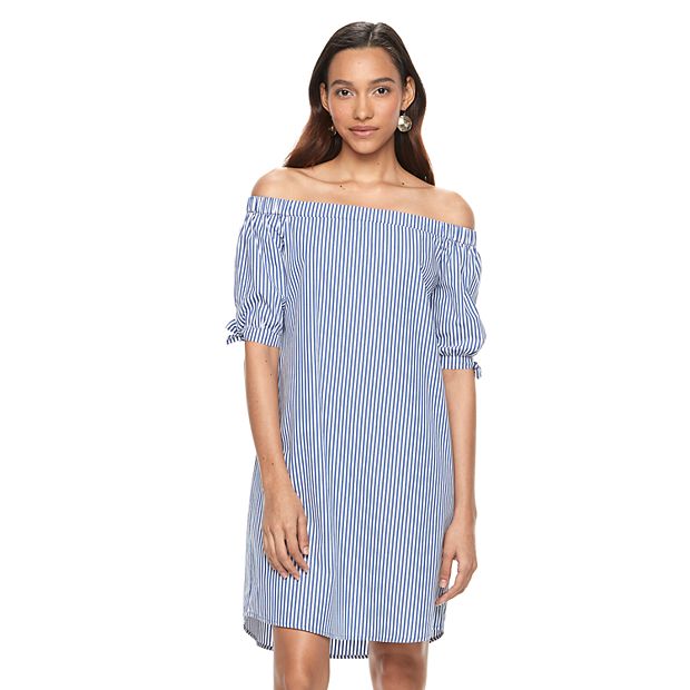 Blue and white striped shop off the shoulder dress