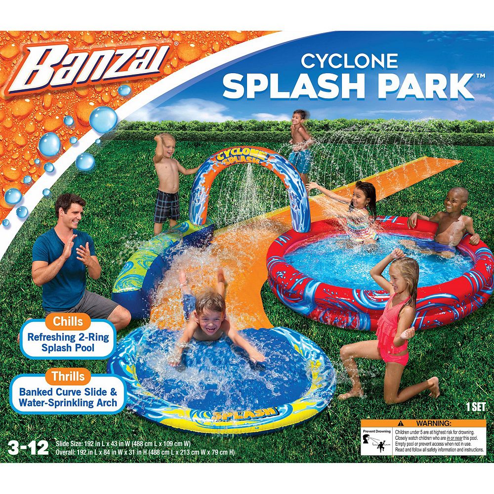13636 for sale online Banzai Cyclone Splash Park Inflatable with Sprinkling Slide and Water Aqua Pool 