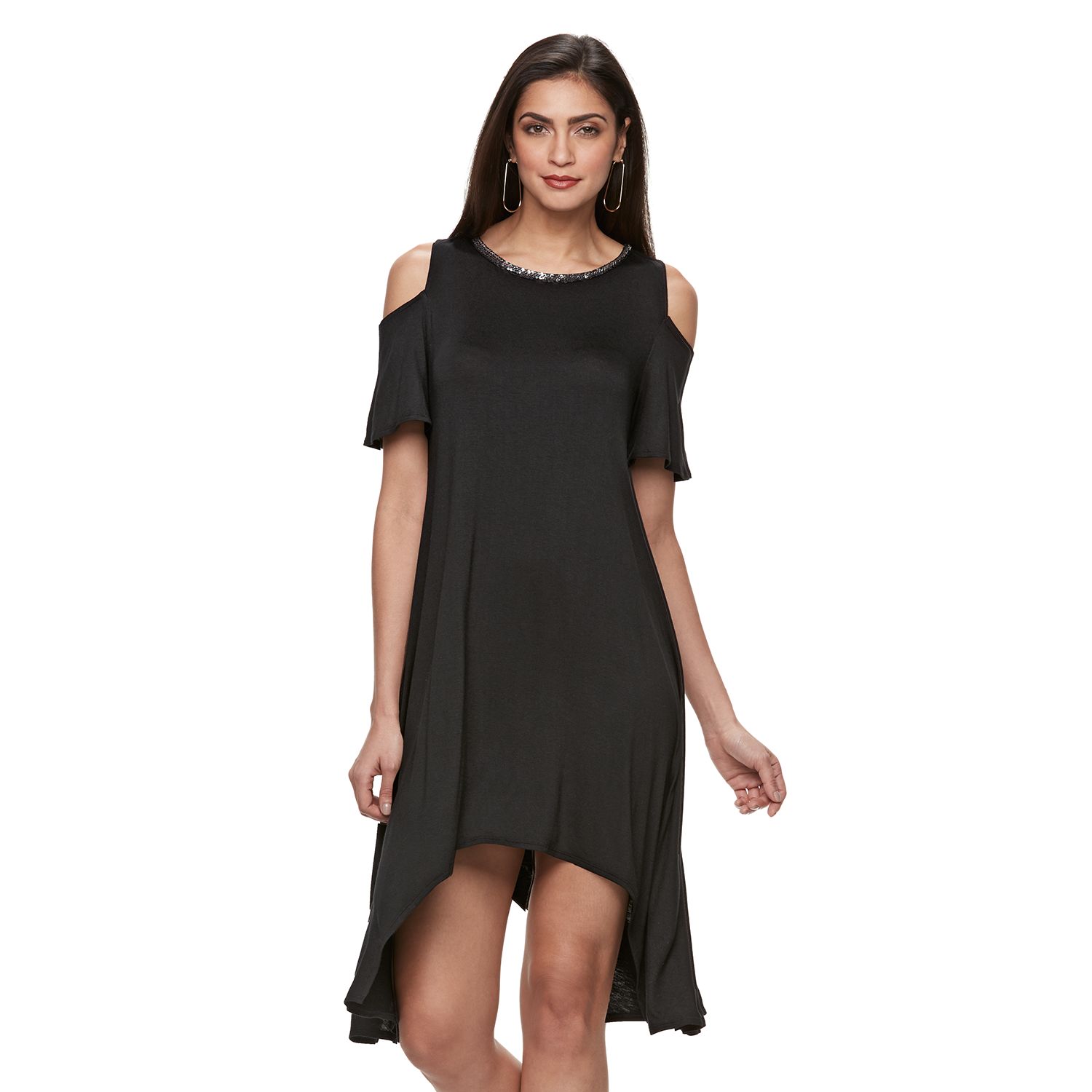 black embellished shoulder shift dress