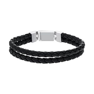 1913 Men's Stainless Steel & Braided Black Leather Bracelet