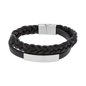 1913 Men's Stainless Steel & Double Strand Leather Bracelet