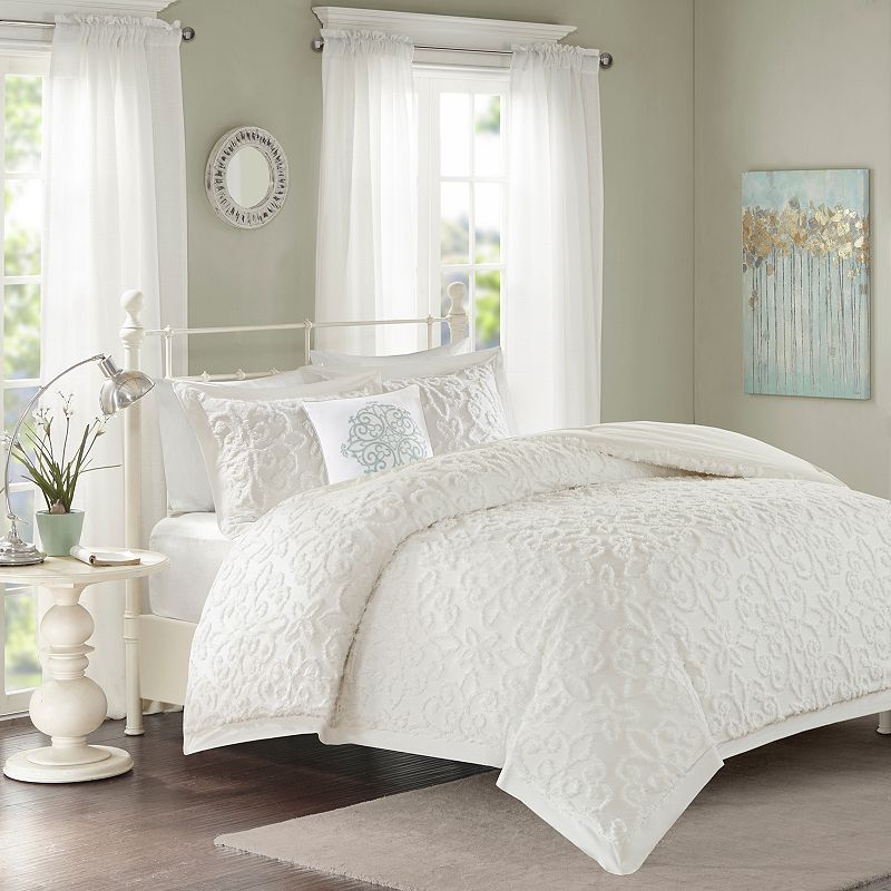 Madison Park 4-piece Sarah Cotton Comforter Set with Throw Pillow, White, F