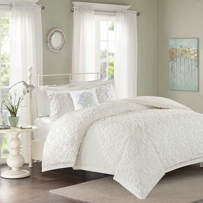 4pc King/California King Amber Tufted Cotton Chenille Comforter Set White