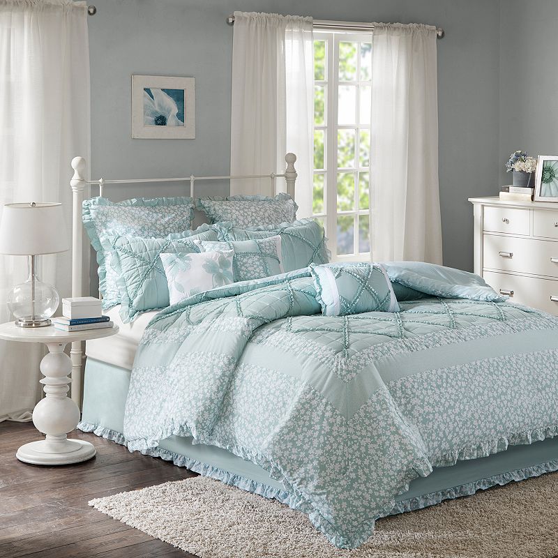 Madison Park Heidi 9 Piece Comforter Set with Throw Pillows, Turquoise/Blue
