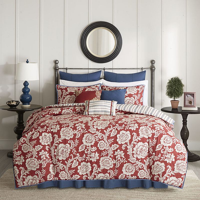 Madison Park 9-piece Georgia Cotton Comforter Set with Throw Pillows, Red, 