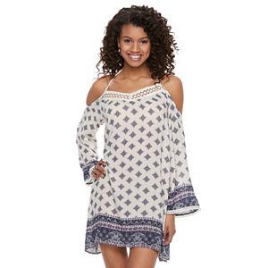 Juniors' Rewind Mosaic Cold-Shoulder Shift Dress