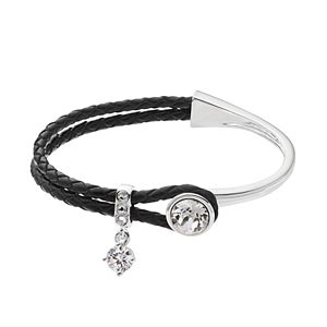 Brilliance Silver Tone & Black Leather Bracelet with Swarovski Crystals