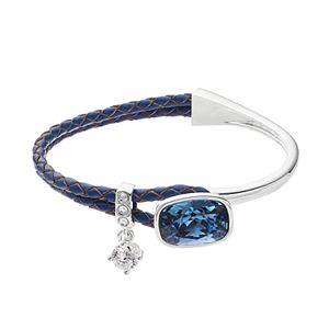 Brilliance Silver Tone & Blue Leather Bracelet with Swarovski Crystals
