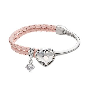 Brilliance Silver Tone & Pink Leather Heart Bracelet with Swarovski Crystals