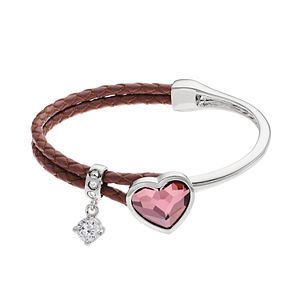 Brilliance Silver Tone & Leather Heart Bracelet with Swarovski Crystals