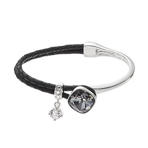 Brilliance Silver Tone & Black Leather Bracelet with Swarovski Crystals