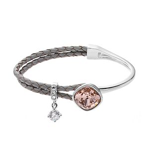 Brilliance Silver Tone & Gray Leather Bracelet with Swarovski Crystals