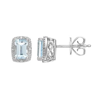 Celebration Gems Sterling Silver Aquamarine & Diamond Accent Halo Stud Earrings