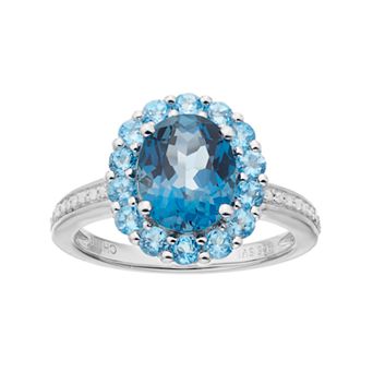 Celebration Gems Sterling Silver London Blue Topaz, Blue Topaz & 1/10 Carat T.W. Diamond Oval Halo Ring
