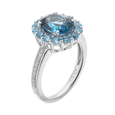 Celebration Gems Sterling Silver London Blue Topaz, Blue Topaz & 1/10 Carat  T.W. Diamond Oval Halo Ring