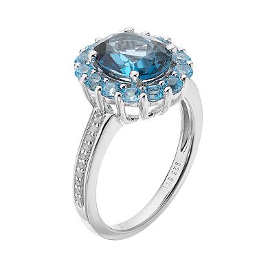 Celebration Gems Sterling Silver London Blue Topaz, Blue Topaz & 1/10 Carat T.W. Diamond Oval Halo Ring