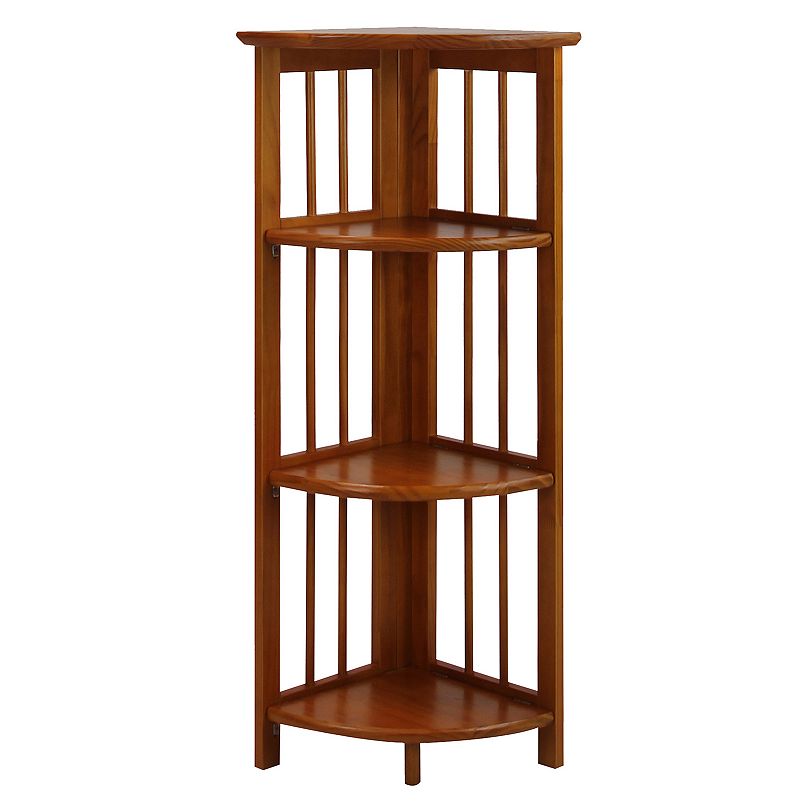 A brown corner bookshelf