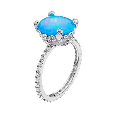 Sophie Miller Sterling Silver Lab-Created Blue Opal & Cubic Zirconia Oval Ring