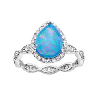 Sophie Miller Sterling Silver Lab-Created Blue Opal & Cubic Zirconia Pear Ring