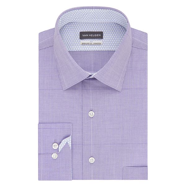 Van Hussen Mens Purple Checks FLEX Stretch Regular Fit Dress Shirt 