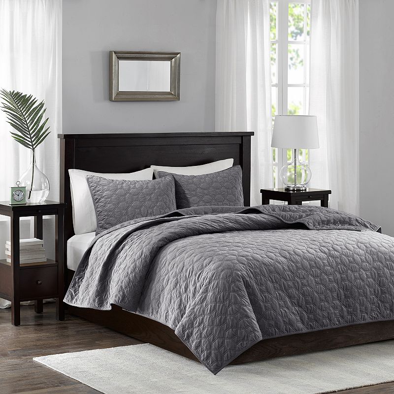 Madison Park Emery 3-Piece Velvet Quilt Set with Shams, Grey, King