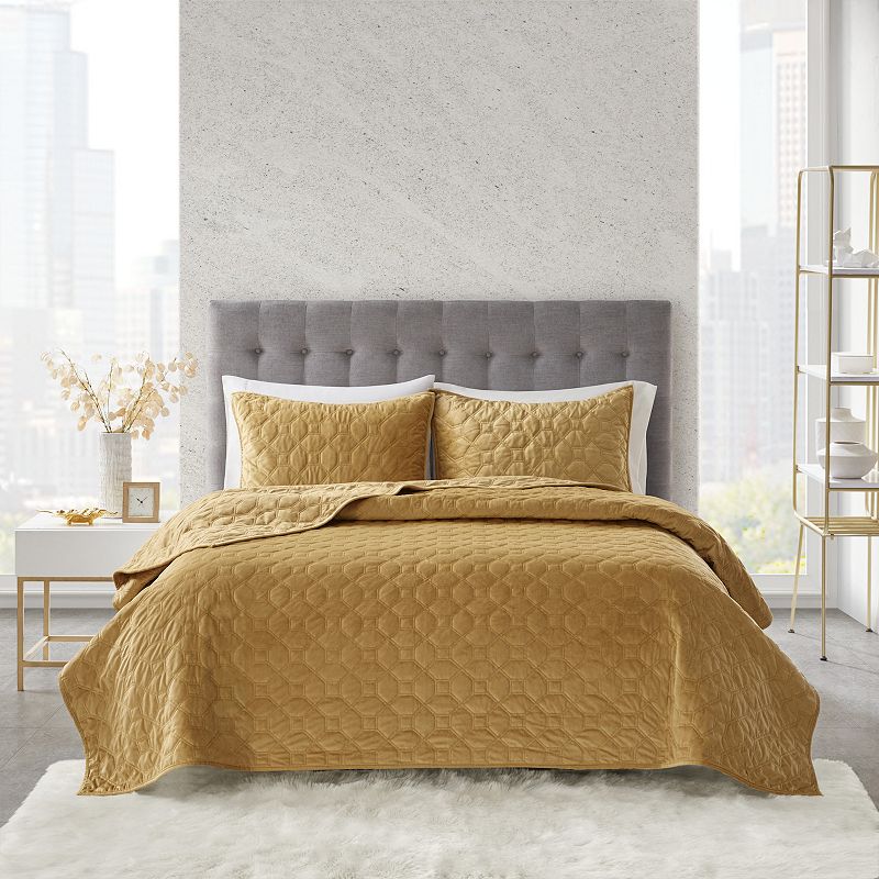 Madison Park Emery 3-Piece Velvet Quilt Set with Shams, Yellow, Full/Queen