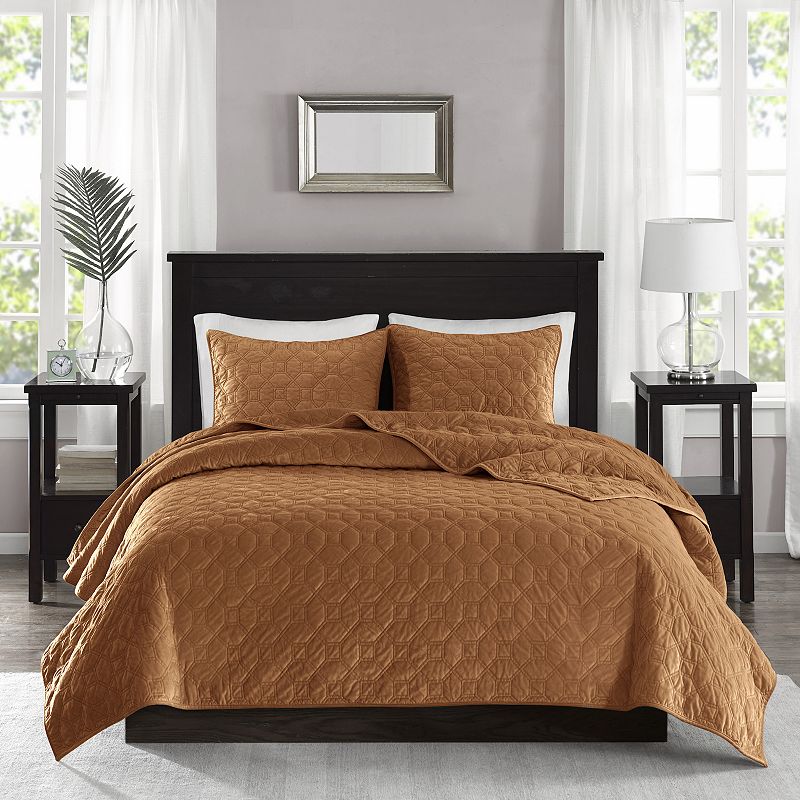 Madison Park Emery 3-Piece Velvet Quilt Set with Shams, Orange, King Set