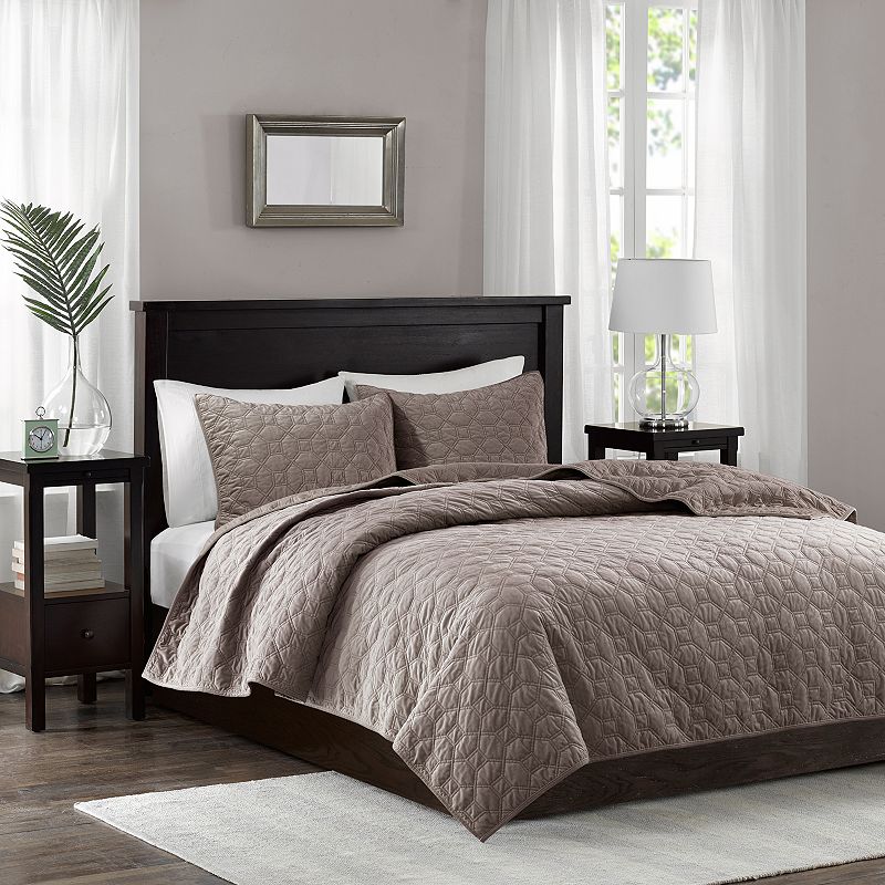 Madison Park 3pc Full/Queen Mercer Faux Velvet Reversible Coverlet Set Taupe: Lightweight, Machine Washable, Includes Shams