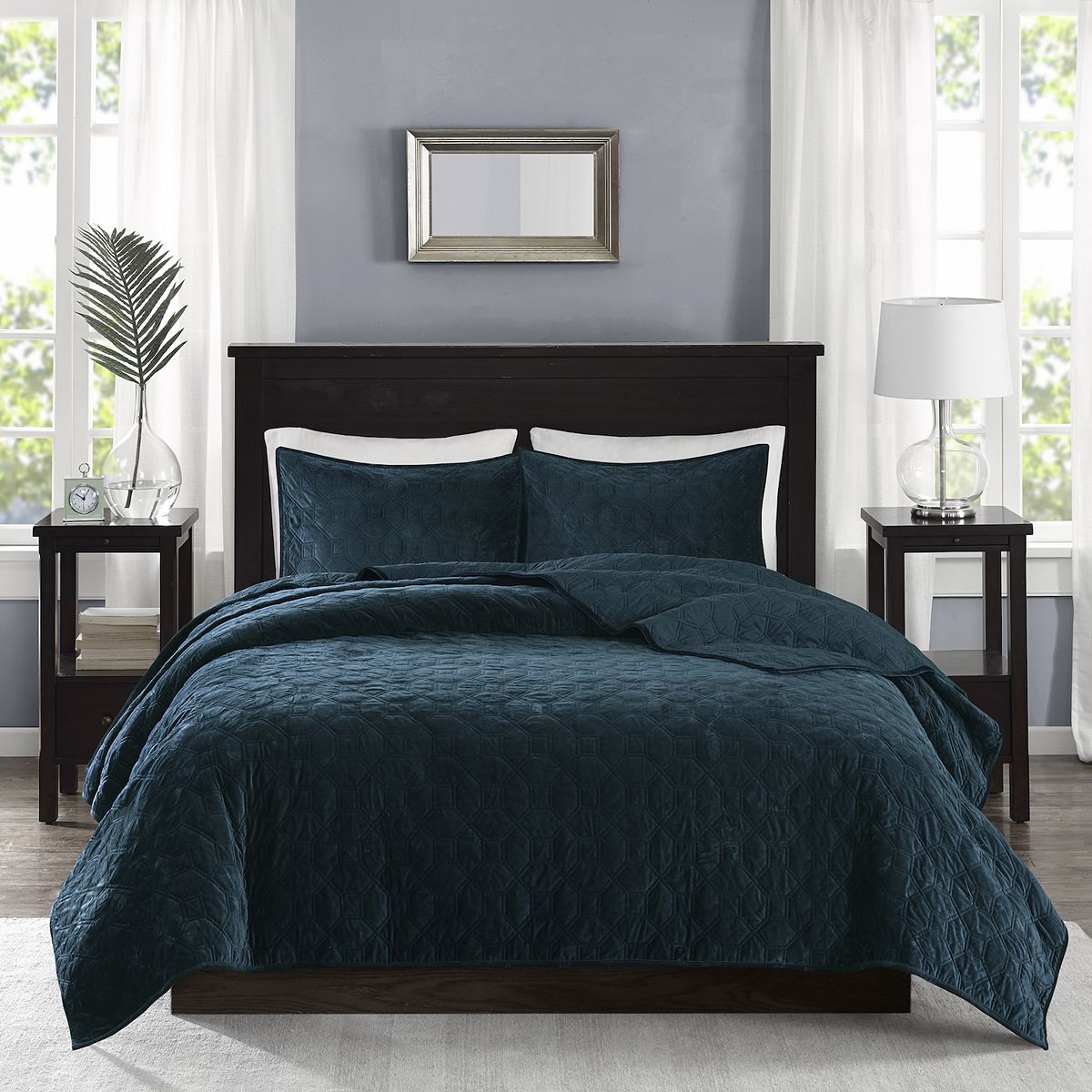 Madison Park Emery 3-Piece Velvet Quilt Set with Shams - Teal, FULL/QUEEN