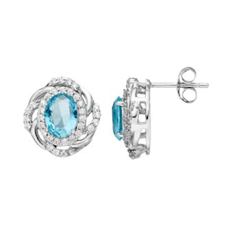 Sophie Miller Sterling Silver Simulated Aquamarine & Cubic Zirconia Oval Stud Earrings