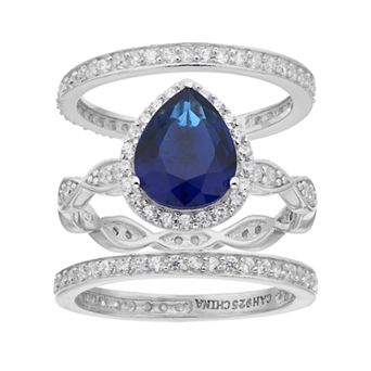 Sophie Miller Sterling Silver Simulated Sapphire & Cubic Zirconia Ring Set