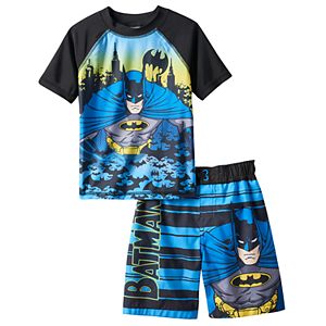 Toddler Boy DC Comics Batman Cityscape Rashguard & Swim Trunks Set