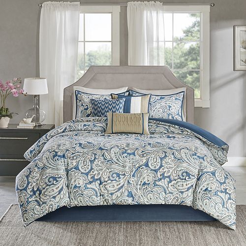 madison park genevieve blue 7 piece queen comforter set 90 in.x 90 in