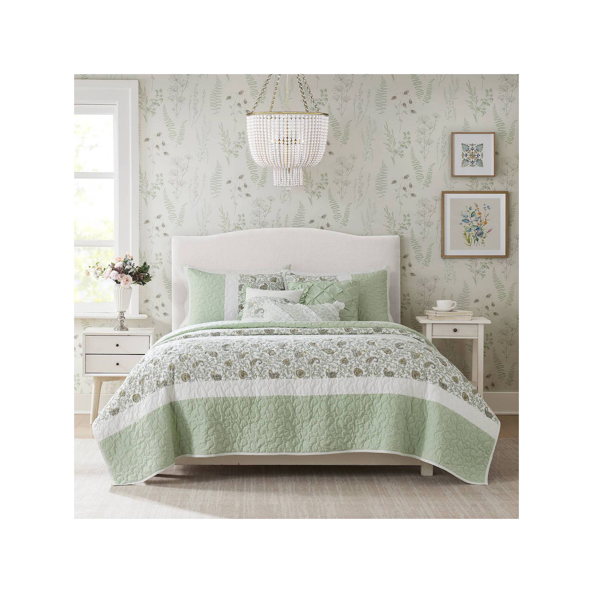 Madison Park 6-Piece Vanessa Quilt Set with Shams and Throw Pillows, Sage G