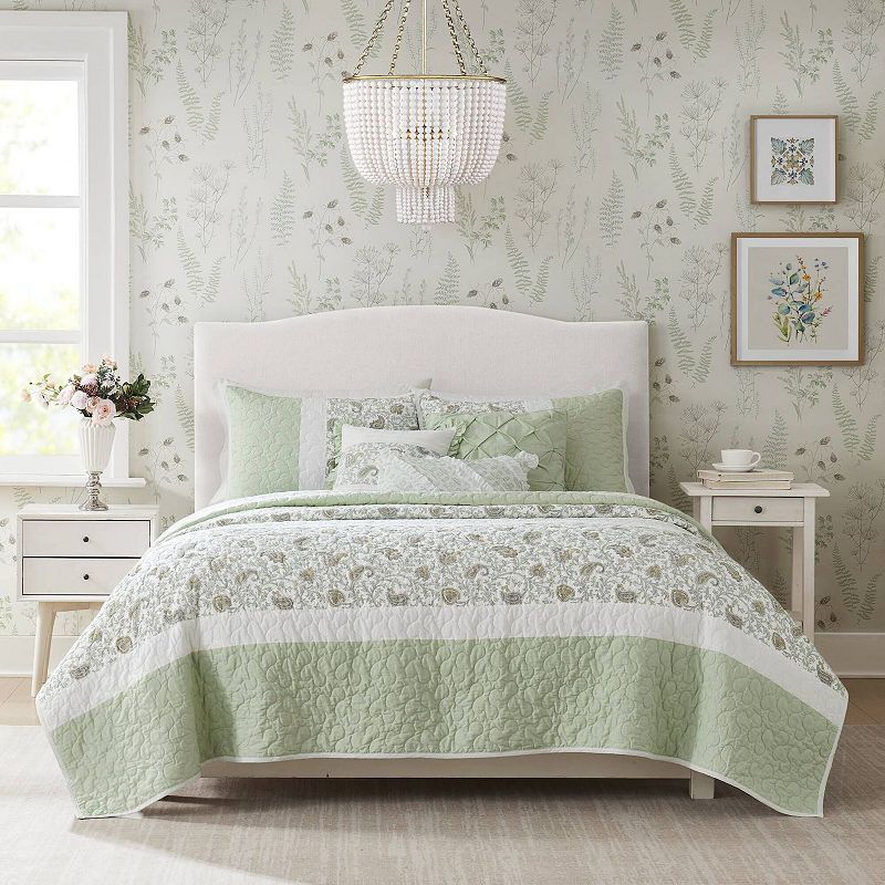 Madison Park 6-Piece Vanessa Quilt Set with Shams and Throw Pillows, Sage Green