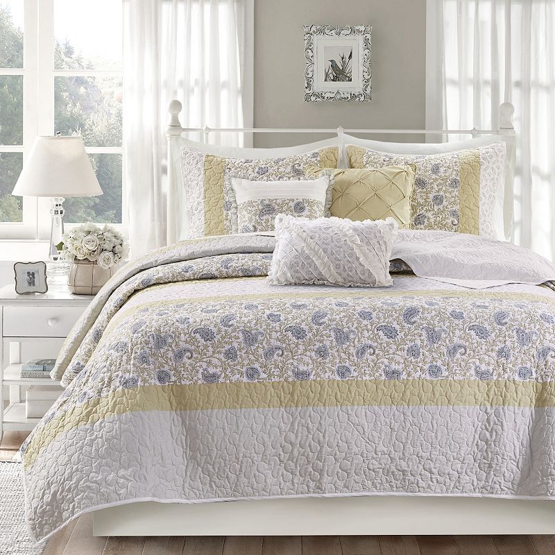 Madison Park 6-Piece Vanessa Quilt Set with Shams and Throw Pillows, Yellow