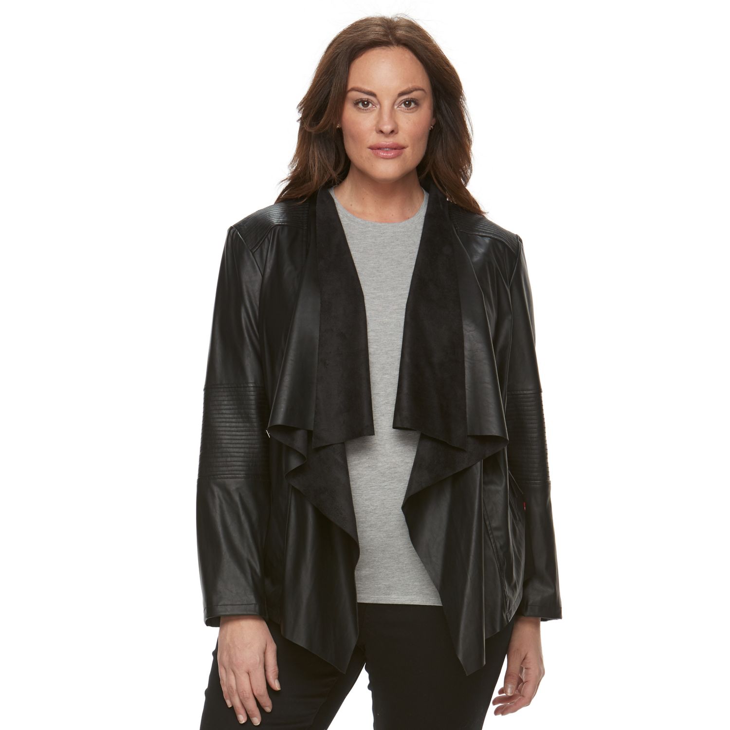 faux leather open front jacket