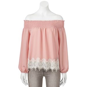 Juniors' About A Girl Lace Hem Off-the-Shoulder Top