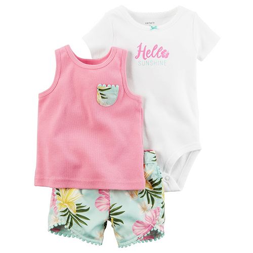 Baby Girl Carter's "Hello Sunshine" Bodysuit, Ribbed Tank Top & Floral Shorts Set