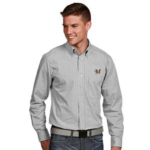 Men's Antigua Milwaukee Brewers Associate Plaid Button-Down Shirt