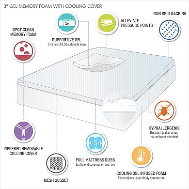 Sleep Philosophy 3-Inch Gel Memory Foam Mattress Topper with Cooling Cover