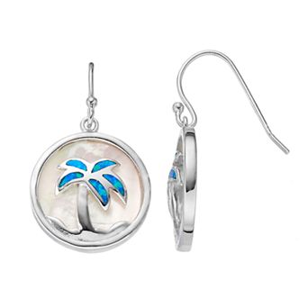 Nautica Rocks Sterling Silver Mother-of-Pearl & Lab-Created Blue Opal Palm Tree Disc Drop Earrings