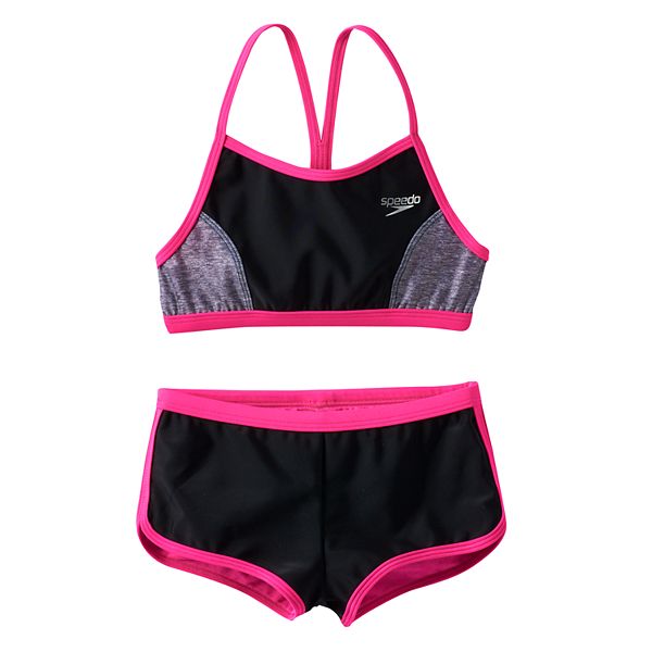 Girls 716 Speedo Heather Splice Boyshort Bikini Swimsuit Set