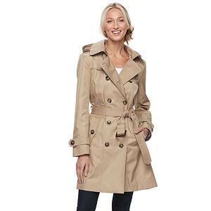 Women's Towne by London Fog Hooded Double-Breasted Belted Trench Coat