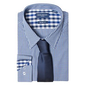 Men's Nick Dunn Slim Tall Patterned Easy-Care Spread-Collar Dress Shirt & Tie Set