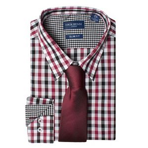 Men's Nick Dunn Slim Tall Patterned Easy-Care Spread-Collar Dress Shirt & Tie Set