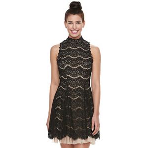 Juniors' Trixxi Tulle Hem Lace Mockneck Dress